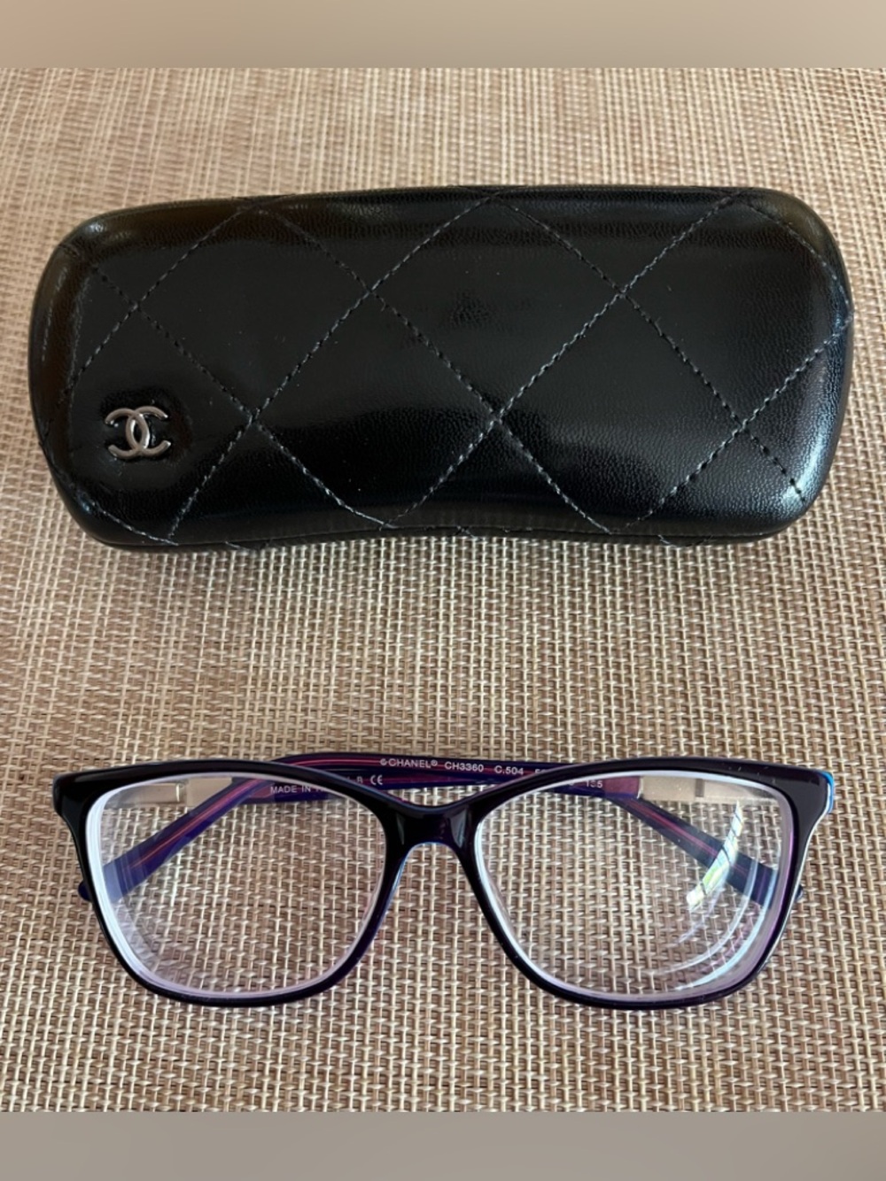 Classic CHANEL Purple Accented Glasses with Matching Black Quilted Eyewear Case